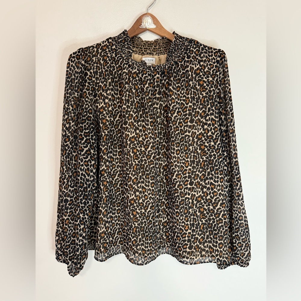 J.Crew Leopard Print Long Sleeve Ruffle-Neck Blouse - Brown/Black size large